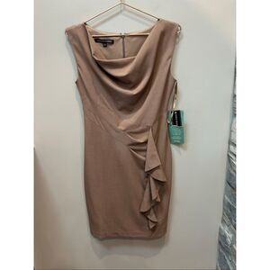 Jones Wear Dress NWT 4 tan work to dinner front ruffle sheath/pencil dress
